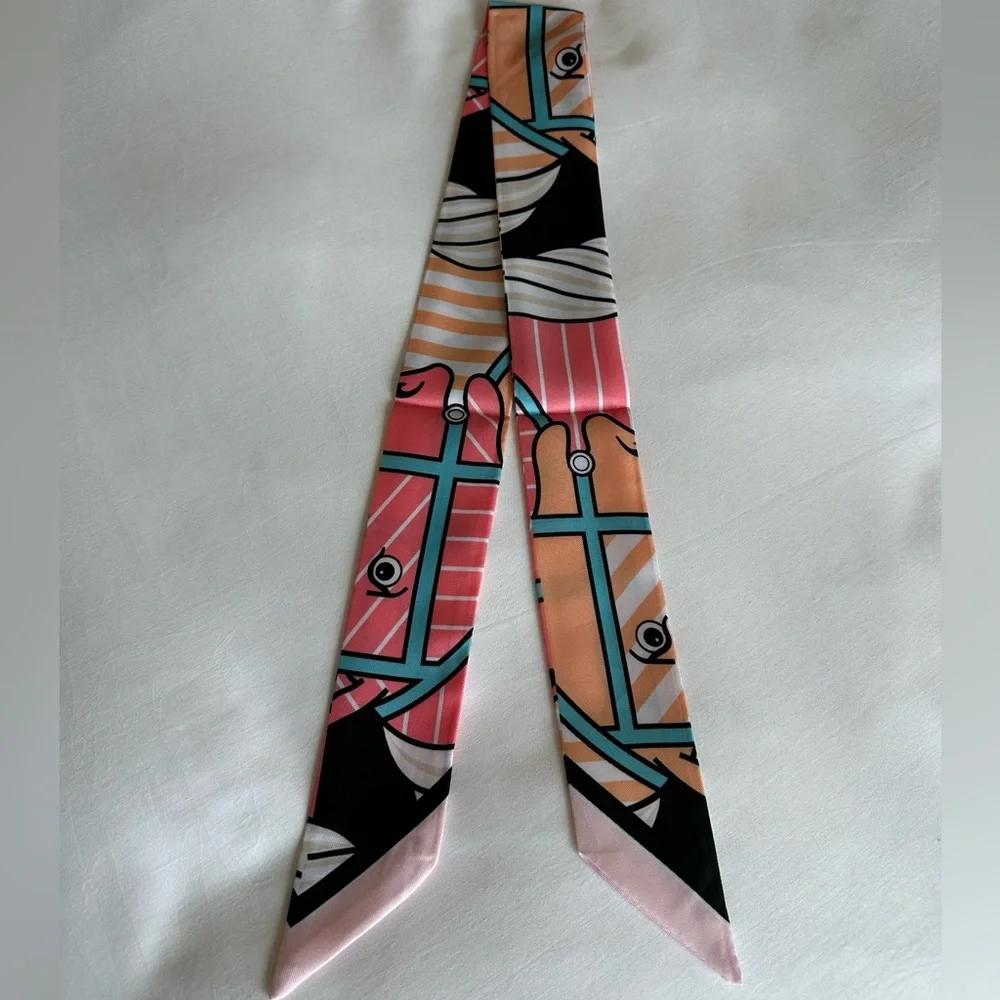 PINK BABY BLUE WHITE EQUESTRIAN HORSE SKINNY SCARF HANDBAG HANDLE WRAP HAIR TIE